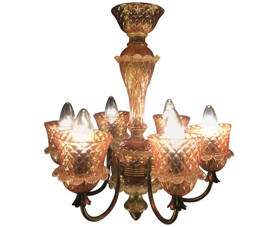 Pink and Gold Chandelier by Barovier & Toso, Murano, 1950