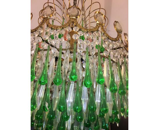 Italian Green Glass Drops Chandelier Venini Style, Murano, 1970s