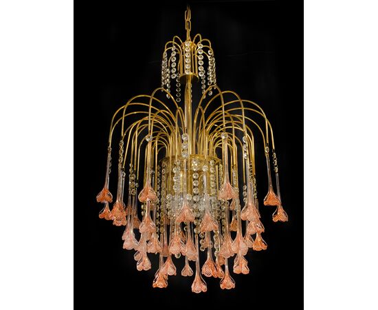 Venetian Chandelier Pink Flowers Glass, Murano, 1970s