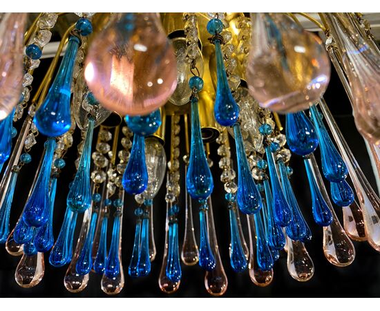 Charming Chandelier Blue and Pink Drops Glass, Murano, 1970s