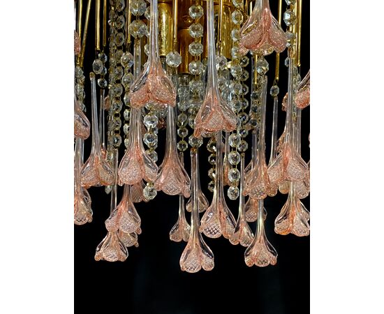 Venetian Chandelier Pink Flowers Glass, Murano, 1970s