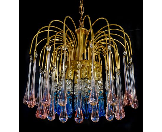 Charming Chandelier Blue and Pink Drops Glass, Murano, 1970s