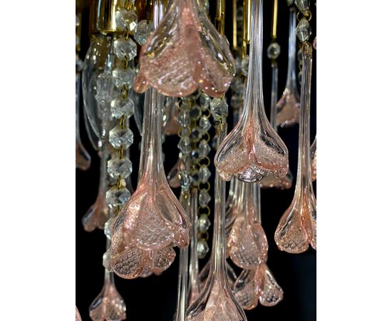 Venetian Chandelier Pink Flowers Glass, Murano, 1970s