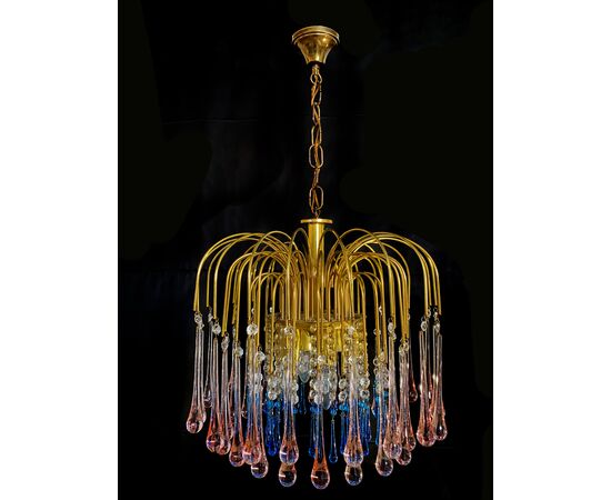 Charming Chandelier Blue and Pink Drops Glass, Murano, 1970s