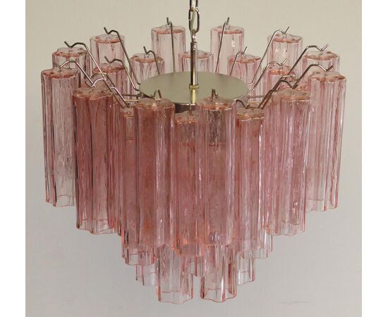 Pair of Tronchi Chandeliers Style Toni Zuccheri, 36 Pink Glasses, Murano, 1990