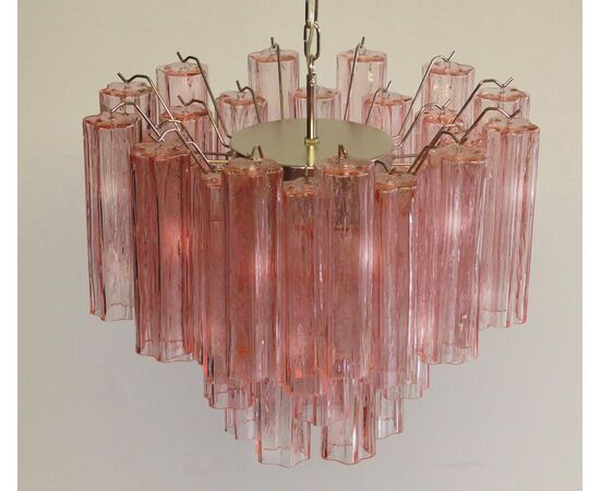 Pair of Tronchi Chandeliers Style Toni Zuccheri, 36 Pink Glasses, Murano, 1990