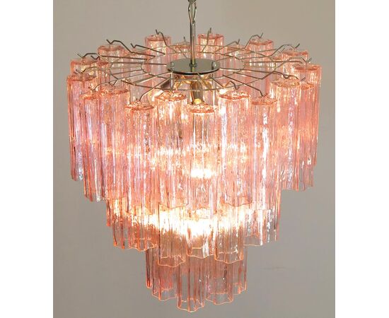 Pair of Tronchi Chandeliers, 48 Pink Glasses, Murano, 1990