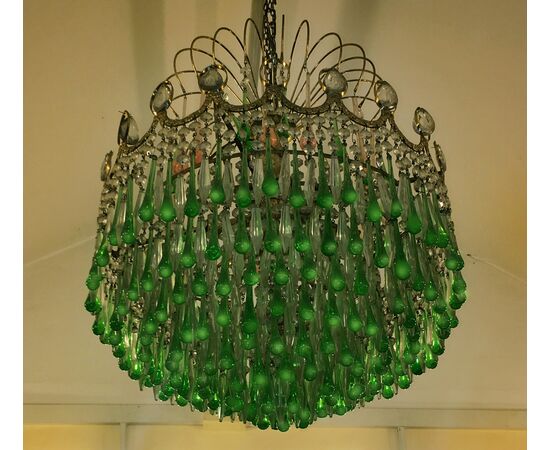 Italian Green Glass Drops Chandelier Venini Style, Murano, 1970s