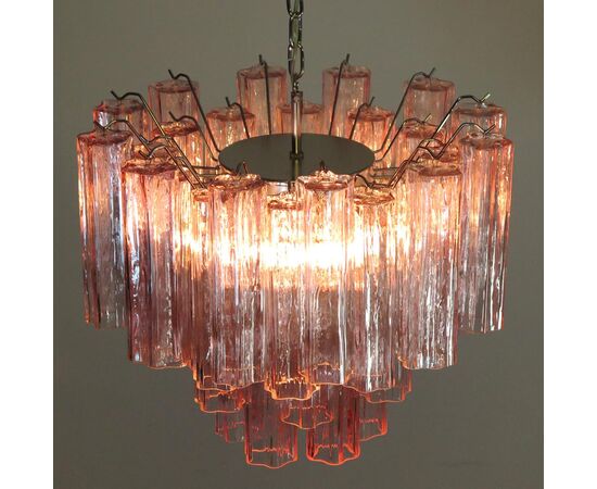 Pair of Tronchi Chandeliers Style Toni Zuccheri, 36 Pink Glasses, Murano, 1990