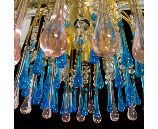 Charming Chandelier Blue and Pink Drops Glass, Murano, 1970s