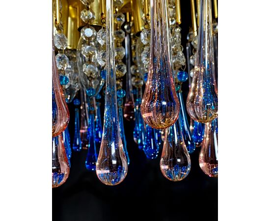 Charming Chandelier Blue and Pink Drops Glass, Murano, 1970s