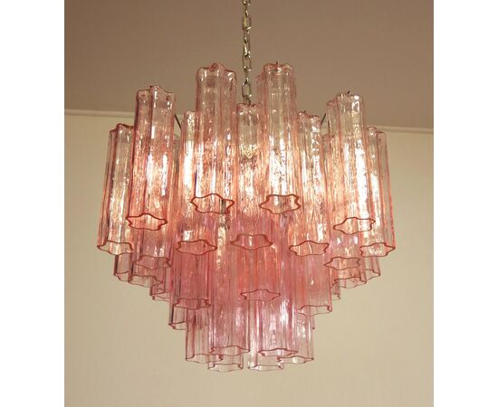 Pair of Tronchi Chandeliers Style Toni Zuccheri, 36 Pink Glasses, Murano, 1990