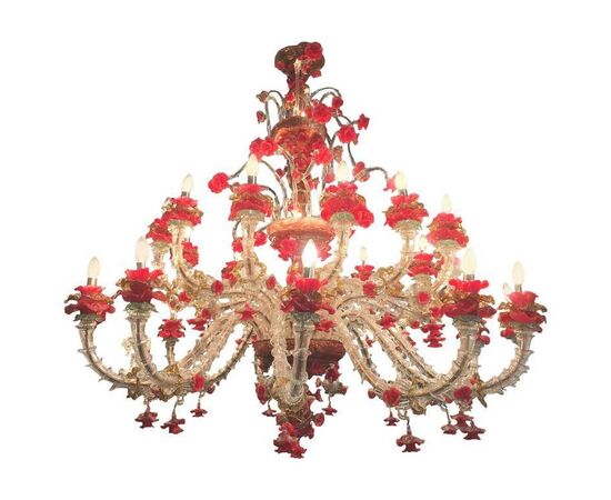 Pair of Sumptuous Murano Chandelier Red and Gold, 1980s