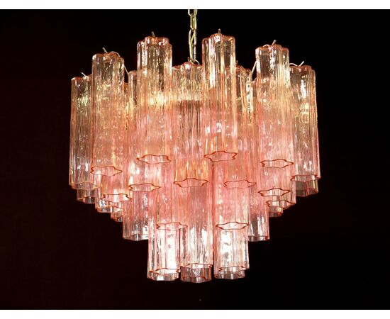 Pair of Tronchi Chandeliers Style Toni Zuccheri, 36 Pink Glasses, Murano, 1990