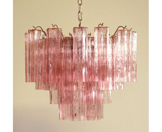 Pair of Tronchi Chandeliers Style Toni Zuccheri, 36 Pink Glasses, Murano, 1990