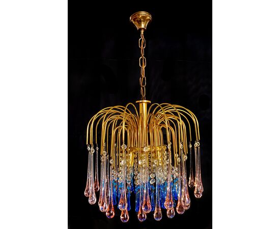 Charming Chandelier Blue and Pink Drops Glass, Murano, 1970s