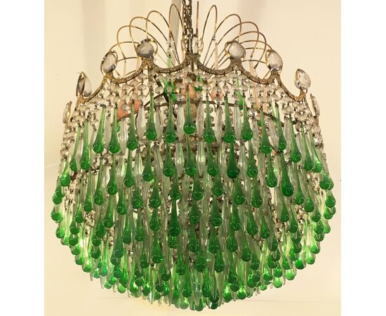 Italian Green Glass Drops Chandelier Venini Style, Murano, 1970s