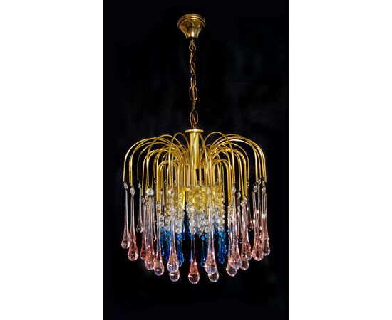 Charming Chandelier Blue and Pink Drops Glass, Murano, 1970s