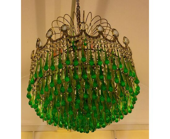 Italian Green Glass Drops Chandelier Venini Style, Murano, 1970s