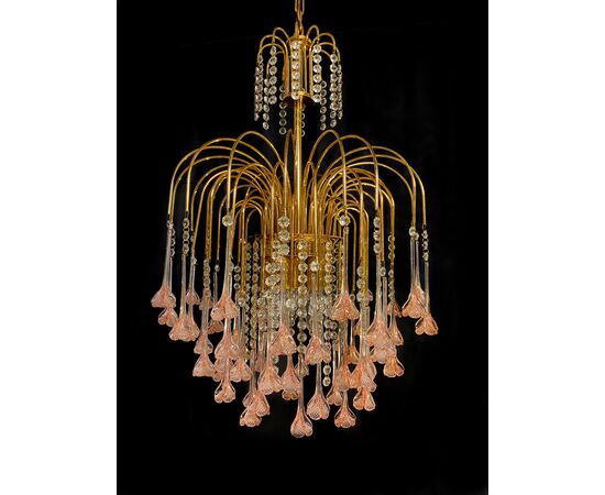 Venetian Chandelier Pink Flowers Glass, Murano, 1970s