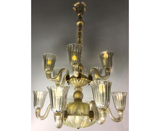 Italian Chandelier Gold Inclusion by Barovier & Toso, Murano, 1940s