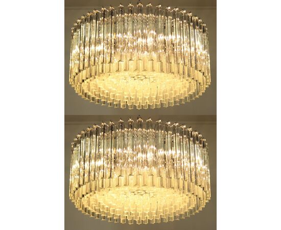 Mid-20th Pair Italian Triedri Glass Chandeliers, 265 trasparent Prism, Murano