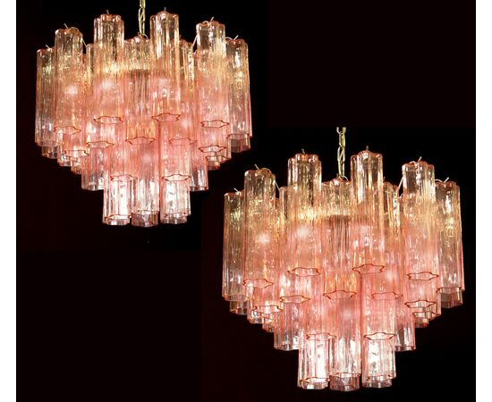 Pair of Tronchi Chandeliers Style Toni Zuccheri, 36 Pink Glasses, Murano, 1990