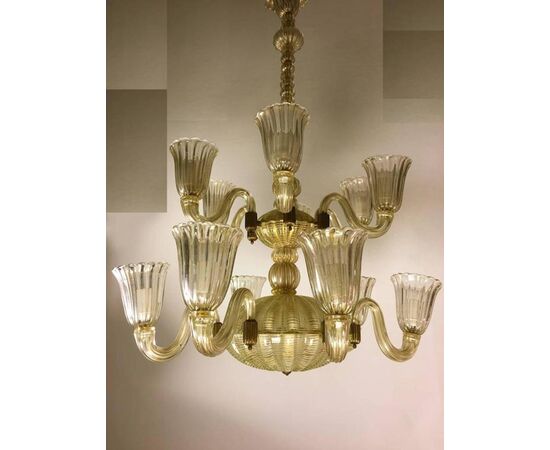 Italian Chandelier Gold Inclusion by Barovier & Toso, Murano, 1940s