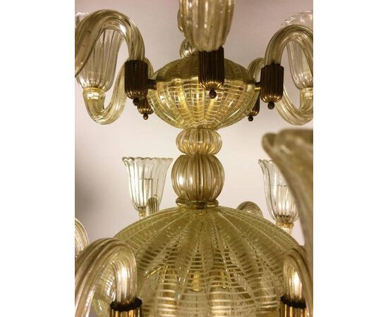 Italian Chandelier Gold Inclusion by Barovier & Toso, Murano, 1940s