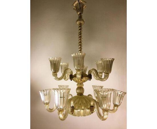 Italian Chandelier Gold Inclusion by Barovier & Toso, Murano, 1940s