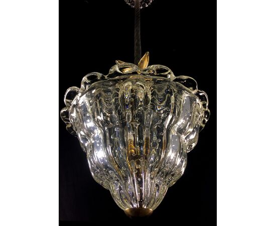 Pair of Chandeliers "The King", Gold Inclusion by Barovier & Toso, Murano, 1940s