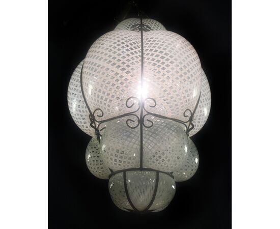 Venetian Lantern Chandelier "Reticello" Glass, Murano, 1950s