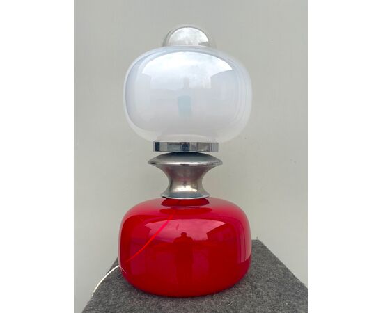 &#39;Space age&#39; light glass lamp with milky bulb and aluminum details.Carlo Nason for Mazzega.Murano.     