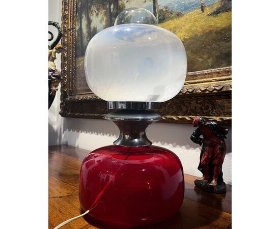 &#39;Space age&#39; light glass lamp with milky bulb and aluminum details.Carlo Nason for Mazzega.Murano.     