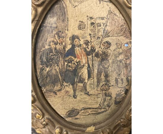 Antique oval painting Napoleon Watercolor in golden frame 19th century 35 x 28 cm     