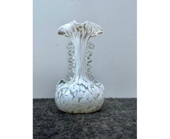 Glass jar with spiral side handles and milk stain inclusions. Brothers Toso. Murano.     