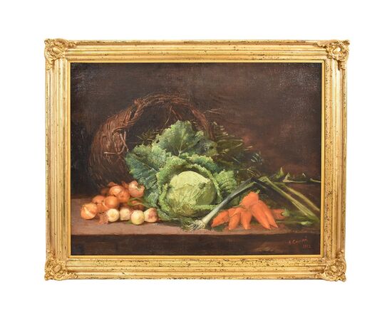 ANCIENT PAINTINGS, STILL LIFE WITH HOOD AND ONIONS, OIL ON CANVAS, 20th CENTURY. (QNM356)     