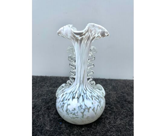 Glass jar with spiral side handles and milk stain inclusions. Brothers Toso. Murano.     