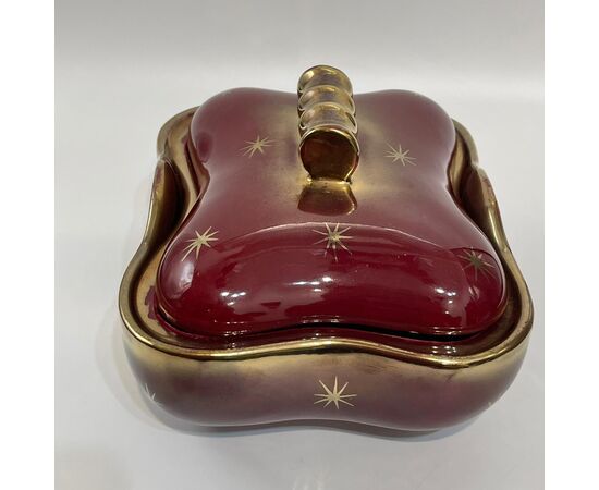1950s biscuit jar red and gold enamelled earthenware     