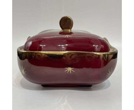 1950s biscuit jar red and gold enamelled earthenware     