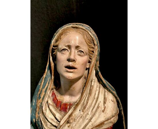 Polychrome wooden sculpture with glass eyes depicting Our Lady of Sorrows. Naples     