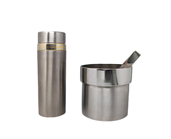 1970s Gorgeous Cocktail Shaker in Gold 24K and Stainless Steel With Ice Bucket by Piazza. Made in Italy