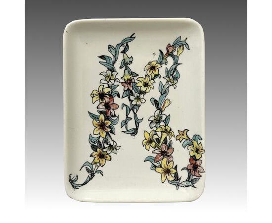 FORNASETTI, Tray ashtray with ceramic floral decoration     