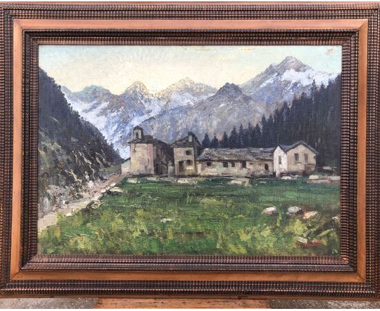 Dipinto olio su tela raffigurante paesaggio montano.Autore:Umberto Montini ( Milano 1897-Busto Arsizio 1978).