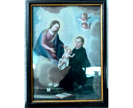 Oil painting on canvas depicting Saint Stanislaus Kostka, Madonna with the Child Jesus and cherubs, Italy.     