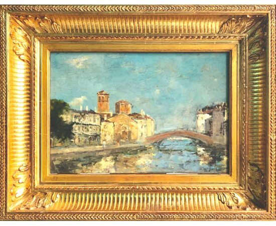Dipinto olio su tavola,veduta di venezia.Firma Leonardo Gavagnin.(Venezia 1809-1887)