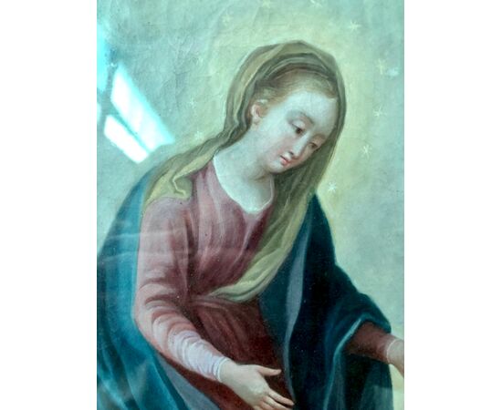 Dipinto olio su tela raffigurante San Stanislao Kostka,Madonna con Gesu’Bambino e cherubini.Italia.