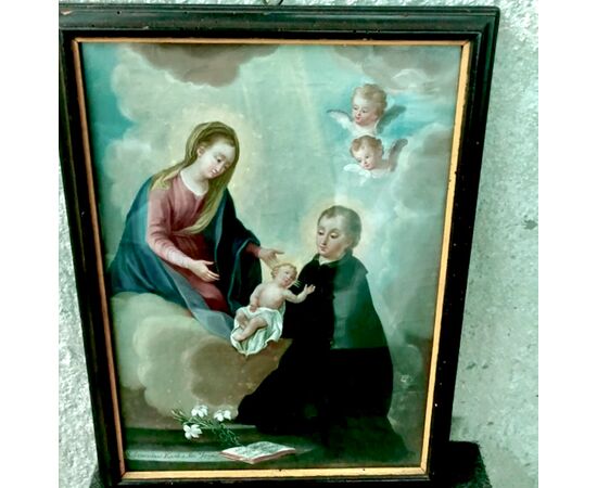 Oil painting on canvas depicting Saint Stanislaus Kostka, Madonna with the Child Jesus and cherubs, Italy.     