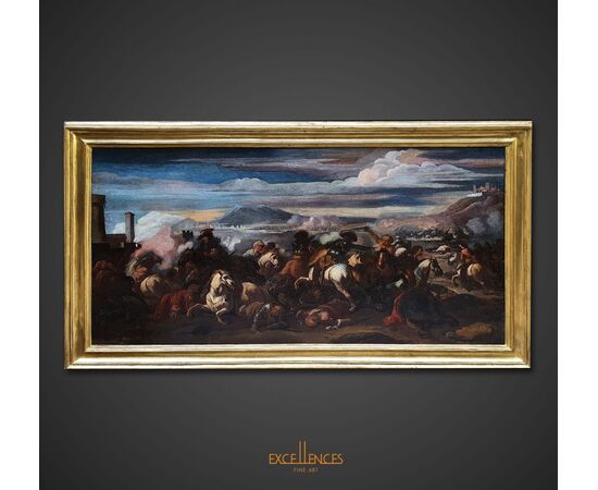 Ancient oil painting on canvas Marzio Masturzio, battle scene     