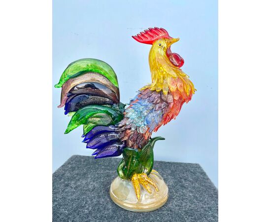 Heavy multicolored glass rooster with gold inclusions Ercole Barovier (Barovier-Ferro-Toso), Murano.     